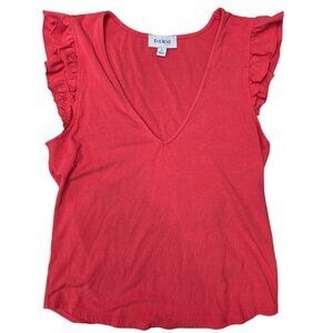 Evereve Womens Red V-Neck Ruffle Sleeve Top S Cotton Blend tank top tee summer